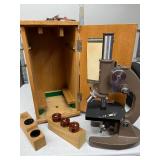 VINTAGE Swift Student Microscope No. 59285 Compound Monocular Scope Rotating Nosepiece 3 Objective Lenses Heavy All Metal Construction Includes Wooden Storage Case + Accessory Blocks Perfect For Colle