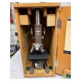 VINTAGE Swift Student Microscope No. 59285 Compound Monocular Scope Rotating Nosepiece 3 Objective Lenses Heavy All Metal Construction Includes Wooden Storage Case + Accessory Blocks Perfect For Colle