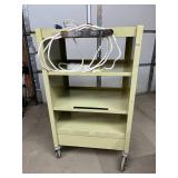 Steel 3 Shelf Utility Rolling Cart w/ Lipped Shelves Swivel Casters Built In Power Strip Mounted Bracket Heavy Duty Organizer Perfect For Office School Workshop Garage Tools Equipment Storage Printer 