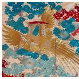 BR2 - Japanese Wall Hanging: Golden Phoenix & Teal Flowers With Red Accents