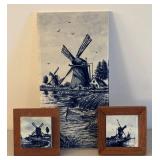 Three Delft Blue Hand Painted Windmill Tiles
