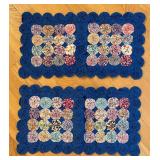 BR1 - Yo-Yo Quilted Table Decor - Blue Border with Floral Yo-Yo Discs