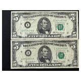 1969 B Green Seal $5 Dollar Federal Reserve Notes