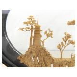 Vintage 9.75" Tall Asian Balsa Wood Carving Temple Scene in Glass