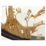 Vintage 9.75" Tall Asian Balsa Wood Carving Temple Scene in Glass