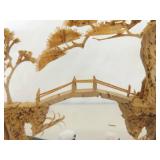 Vintage 9.75" Tall Asian Balsa Wood Carving Temple Scene in Glass