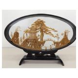 Vintage 9.75" Tall Asian Balsa Wood Carving Temple Scene in Glass