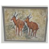 Framed Behind Glass M Jorge Signed African (Gazelles) Printed Textile 21" x 23 1/2"