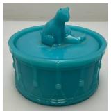 Antique Portieux Vallerysthal Cat On Drum Blue Opaline Milk Glass Trinket Box 4" x 4 3/4"
