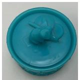 Antique Portieux Vallerysthal Cat On Drum Blue Opaline Milk Glass Trinket Box 4" x 4 3/4"