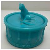 Antique Portieux Vallerysthal Cat On Drum Blue Opaline Milk Glass Trinket Box 4" x 4 3/4"