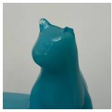 Antique Portieux Vallerysthal Cat On Drum Blue Opaline Milk Glass Trinket Box 4" x 4 3/4"