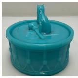 Antique Portieux Vallerysthal Cat On Drum Blue Opaline Milk Glass Trinket Box 4" x 4 3/4"