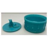 Antique Portieux Vallerysthal Cat On Drum Blue Opaline Milk Glass Trinket Box 4" x 4 3/4"
