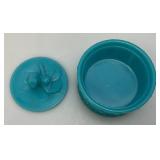 Antique Portieux Vallerysthal Cat On Drum Blue Opaline Milk Glass Trinket Box 4" x 4 3/4"