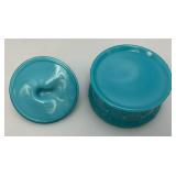 Antique Portieux Vallerysthal Cat On Drum Blue Opaline Milk Glass Trinket Box 4" x 4 3/4"