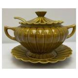 MCM Avacado Scalloped California Pottery Soup Tureen, Ladle, Plate & Lid