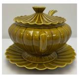 MCM Avacado Scalloped California Pottery Soup Tureen, Ladle, Plate & Lid