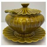 MCM Avacado Scalloped California Pottery Soup Tureen, Ladle, Plate & Lid