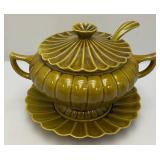 MCM Avacado Scalloped California Pottery Soup Tureen, Ladle, Plate & Lid