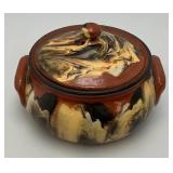 Vintage Glazed Terracotta Bean pot/Soup Bowl With Lid With Swirled Brown, Cream And Black Pattern 4 1/2" x 6 1/4"