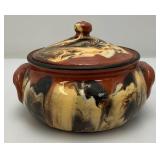 Vintage Glazed Terracotta Bean pot/Soup Bowl With Lid With Swirled Brown, Cream And Black Pattern 4 1/2" x 6 1/4"