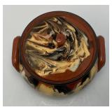 Vintage Glazed Terracotta Bean pot/Soup Bowl With Lid With Swirled Brown, Cream And Black Pattern 4 1/2" x 6 1/4"