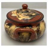 Vintage Glazed Terracotta Bean pot/Soup Bowl With Lid With Swirled Brown, Cream And Black Pattern 4 1/2" x 6 1/4"
