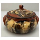 Vintage Glazed Terracotta Bean pot/Soup Bowl With Lid With Swirled Brown, Cream And Black Pattern 4 1/2" x 6 1/4"