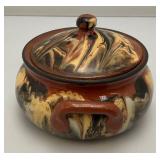Vintage Glazed Terracotta Bean pot/Soup Bowl With Lid With Swirled Brown, Cream And Black Pattern 4 1/2" x 6 1/4"