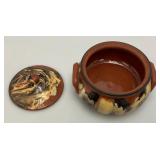 Vintage Glazed Terracotta Bean pot/Soup Bowl With Lid With Swirled Brown, Cream And Black Pattern 4 1/2" x 6 1/4"