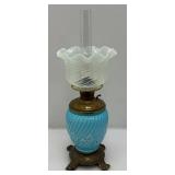 Victorian Era Blue Opalescent Swirl Design Parlor Oil Lamp 21" Tall