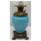 Victorian Era Blue Opalescent Swirl Design Parlor Oil Lamp 21" Tall