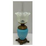 Victorian Era Blue Opalescent Swirl Design Parlor Oil Lamp 21" Tall
