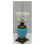 Victorian Era Blue Opalescent Swirl Design Parlor Oil Lamp 21" Tall
