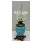 Victorian Era Blue Opalescent Swirl Design Parlor Oil Lamp 21" Tall