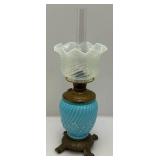 Victorian Era Blue Opalescent Swirl Design Parlor Oil Lamp 21" Tall