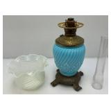 Victorian Era Blue Opalescent Swirl Design Parlor Oil Lamp 21" Tall