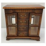 Vintage Wooden Jewelry Box With Necklace Hangers & Four Drawers (One Missing Handle) 7" x 13" x 13"