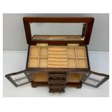 Vintage Wooden Jewelry Box With Necklace Hangers & Four Drawers (One Missing Handle) 7" x 13" x 13"