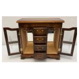 Vintage Wooden Jewelry Box With Necklace Hangers & Four Drawers (One Missing Handle) 7" x 13" x 13"