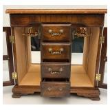 Vintage Wooden Jewelry Box With Necklace Hangers & Four Drawers (One Missing Handle) 7" x 13" x 13"