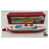 Vintage 10 1/4" Tin Litho Ship H.S.S. REX Mfz Wind Up Toy Model Original Box Made In Western Germany (NEW OLD STOCK)