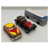 Vintage tin Litho Toy Vehicles Including Greyhound Bus, Lipor Safty Patrol And More
