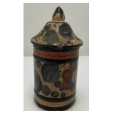 Hand Painted Tonala Pottery Jar/Lid 6" Tall Marked Mexico On Bottom