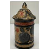 Hand Painted Tonala Pottery Jar/Lid 6" Tall Marked Mexico On Bottom