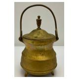 Misc. Vintage Items Including Jim Beam Decantor, Heavy Brass Soup pot, Oriental Silk Butterfly Painting And More