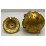 Misc. Vintage Items Including Jim Beam Decantor, Heavy Brass Soup pot, Oriental Silk Butterfly Painting And More