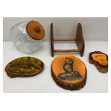 Misc. Vintage Wooden Items including Glass Candy/Cookie Jar And More