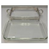 Vintage Anchor Hocking FIRE KING Class Casserole Dish With Silver Plated Tray & Misc. Silver-plated Dinnerware